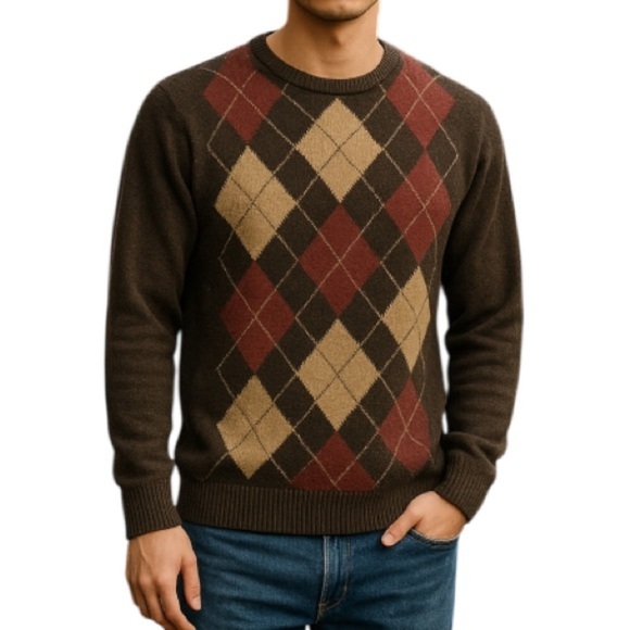 VINTAGE 90’s Mens Hunt Club Chenille Argyle V-Neck Sweater Brown Mix Preppy M - Picture 1 of 10